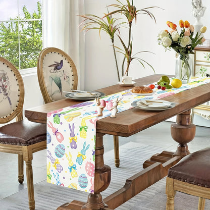 Easter Linen Table Runner – Bunny & Colorful Eggs Spring Kitchen and Dining Decor