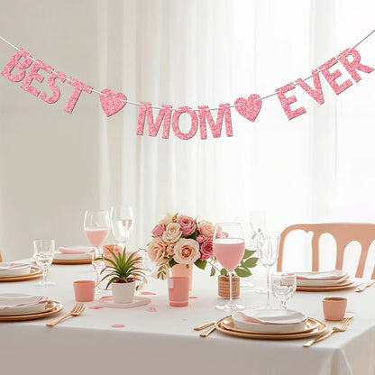 Glitter “Best Mom Ever” Banner – Heart Garland for Mother’s Day & Birthday Parties