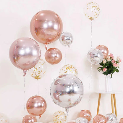 3pcs 4D Round Balloons Metallic Rose Gold Silver Foil Balloons Party Decorations for Birthday Wedding Gender Reveal Photo Props