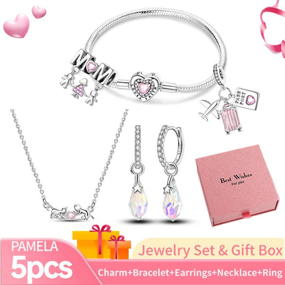 Pink Heart Bracelet Set 925 Silver Original Flower Ring Butterfly Earrings & Gift Box For Women Wedding Jewelry Best Wish 5pcs