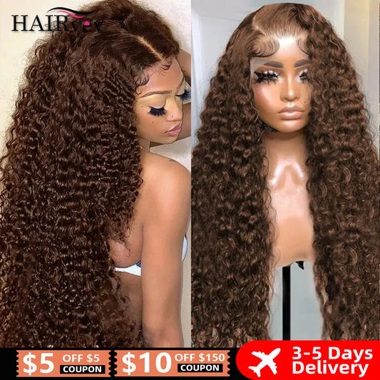 13x4 Brown Curly Lace Front Human Hair Wig HD Transparent Deep Wave 13x6 Lace Frontal Wig Brazilian Human Hair Wigs Pre Plucked