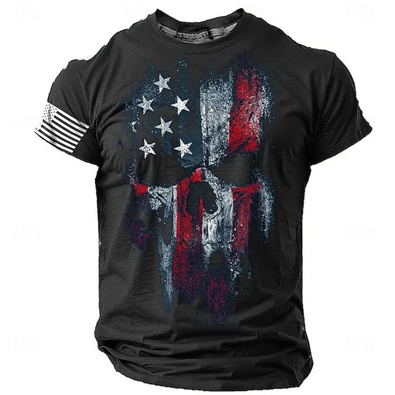 Men’s Retro Flag Skull T‑Shirt – 3D Print Short Sleeve Casual Summer Tee