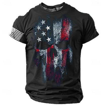 Men’s Retro Flag Skull T‑Shirt – 3D Print Short Sleeve Casual Summer Tee