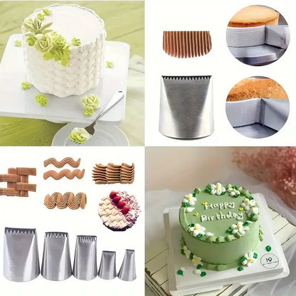 5PCS Stainless Steel Cake Piping Nozzle Set-Serrated&Flat Edge Tips Cake Icing Decorating Supplies DIY Cake Making Cream Cupcake