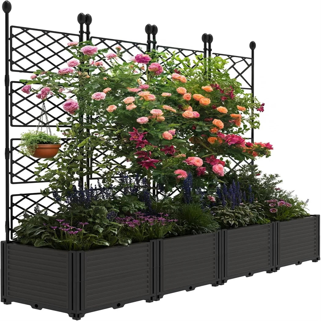 Raised Garden Bed with Metal Trellis – Outdoor Planter Box for Climbing Plants & Privacy