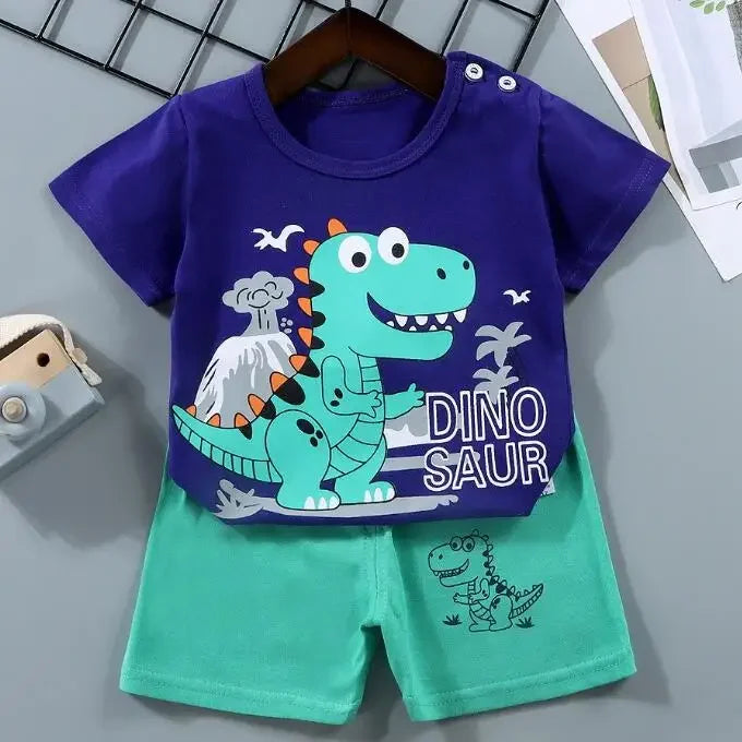 Cotton Cartoon Zebra Dinosaur Print Tracksuit Set 2-Piece Kids Summer Clothes Tee Shorts for Boys Girls 1-6 Years