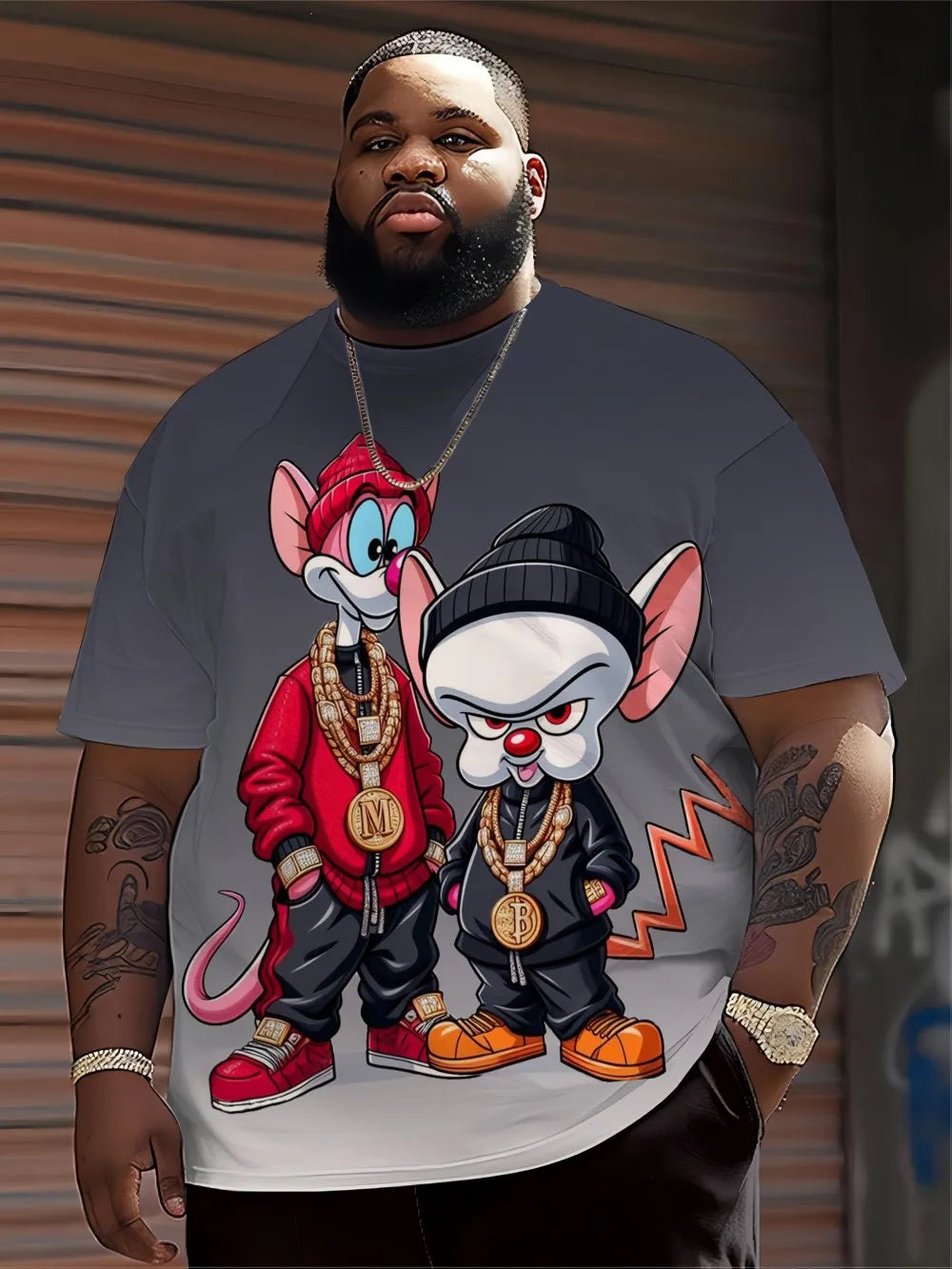 Men's Hip Hop Cartoon Animal Printed Round Neck T-shirt 100% Polyester Fabric