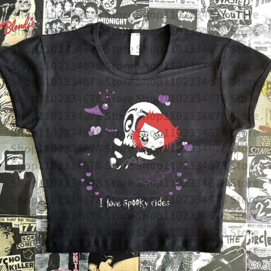 Harajuku Goth Short Sleeve Y2K Style Letter Print Fairy Grunge Summer E-girl White Crop Top Slim 2000s Star Streetwear T-shirts