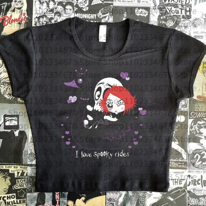 Harajuku Goth Short Sleeve Y2K Style Letter Print Fairy Grunge Summer E-girl White Crop Top Slim 2000s Star Streetwear T-shirts