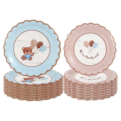 10Pcs Cute Bear Disposable Tableware Paper Plates Cups Gender Reveal Baby Shower Decoration Happy Birthday Party Supplies