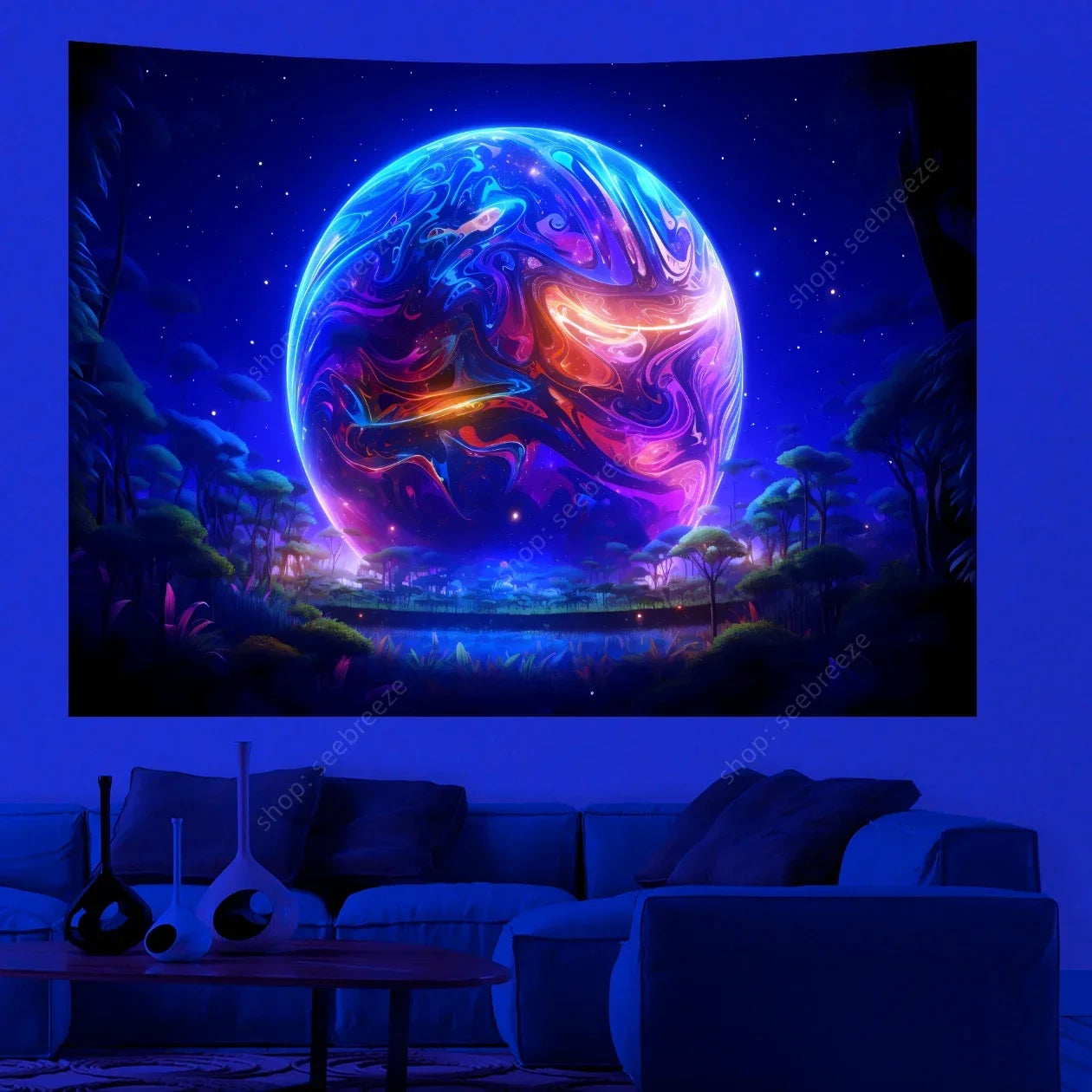Galaxy Space Landscape UV Reactive Tapestry Trippy Planet Mountain River Neon Art Wall Tapestries for Bedroom Dorm Party Decor