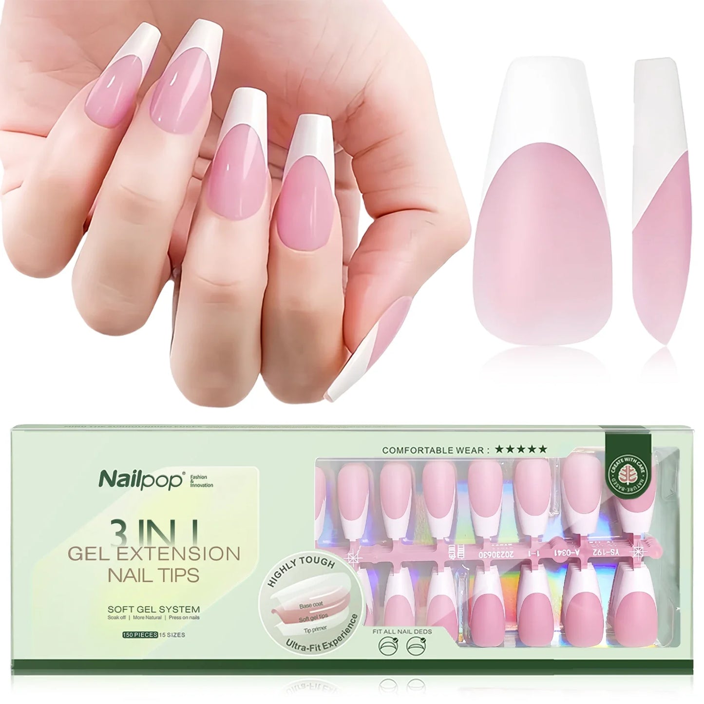 150PCS Short Coffin Press on Nails 3 in 1 Coat Soft Gel Nail Tips French Tip 15 Sizes