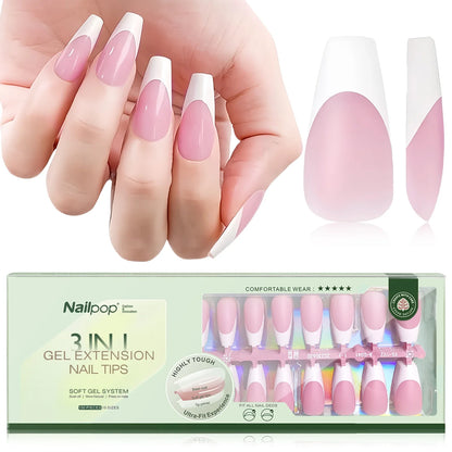 150PCS Short Coffin Press on Nails 3 in 1 Coat Soft Gel Nail Tips French Tip 15 Sizes