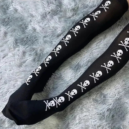 Gothic Skull Bat Spider Thigh‑High Stockings – Harajuku Emo Alternative Sexy Tights with Garters