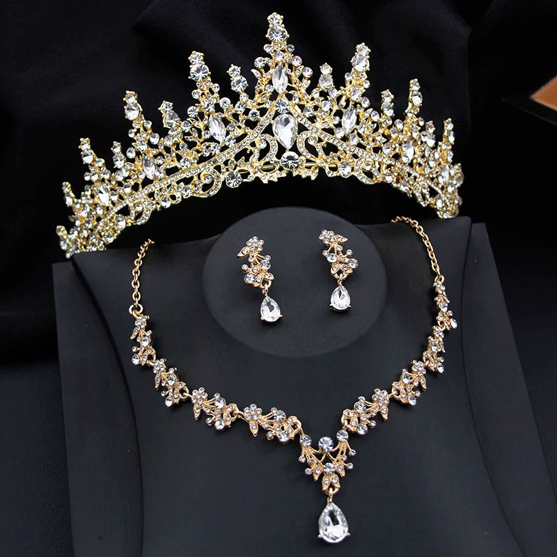 Luxury Silver Color Opal Water Drop Crown Bridal Rhinestone Tiaras and Necklace Earrings Jewelry Set