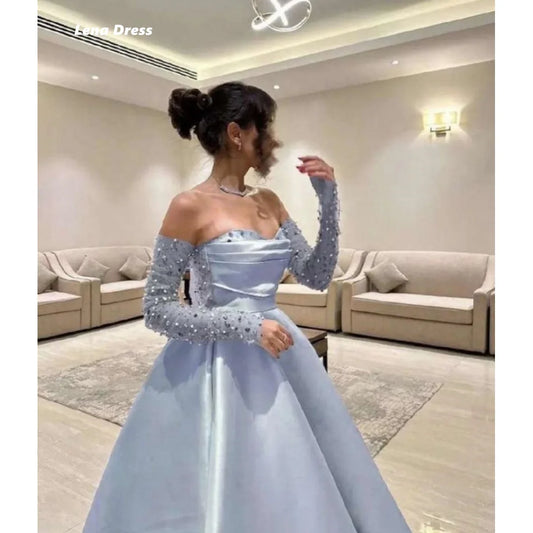 Lena Rhinestones Luxurious Women's Evening Dresses for Special Occasions Custom Made Line A Off the Shoulders Satin Dress Prom