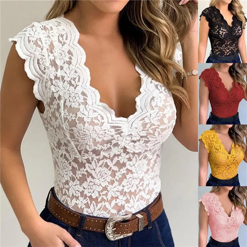 Sexy Lace Deep V Neck Sleeveless Blouse
