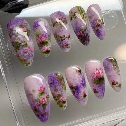 24Pcs False Full Cover Press on Nail Tips Purple Heart Almond  with Glue