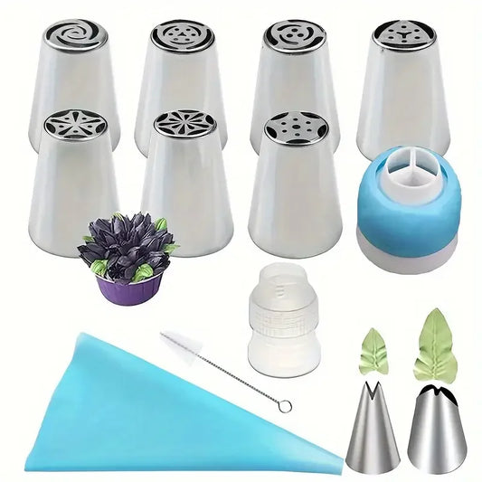 13PCS Russian Piping Tips Set Cake Decorating Kit- 7 Flower Nozzles,EVA Bag & Tools - for DIY Cake Puff Decoration Baking Tools