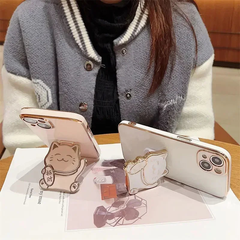 Lucky Cat Folding Stand Silicone Phone Case for iPhone 16 15 14 Pro Max 13 12  Plus XR  Max 11 Luxury Plating Case