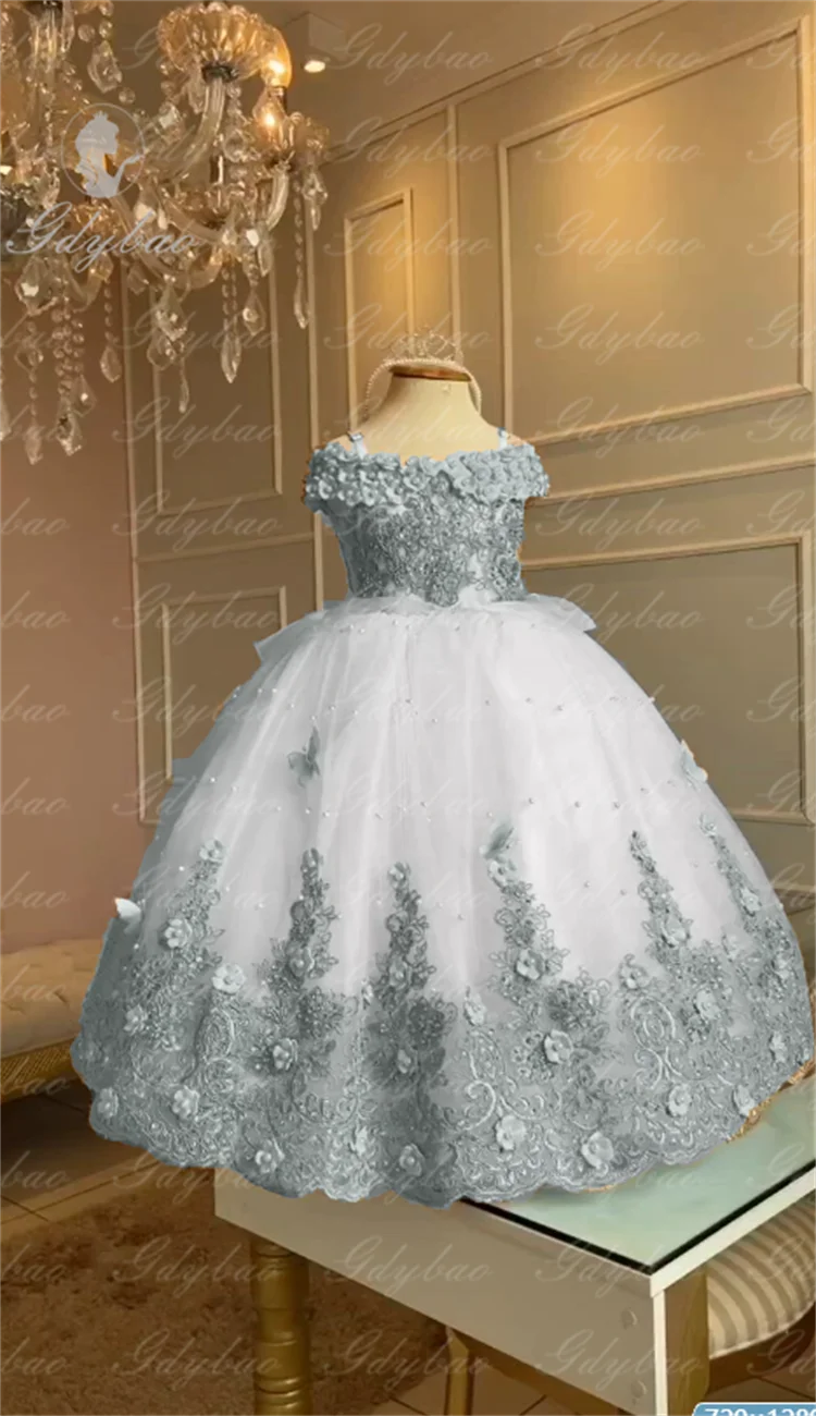Baby Flower Girl Dresses Off-the-shoulder Pearls Gold appliqués Off Lace Butterflies Flower Princess Dress Infant First Birthday