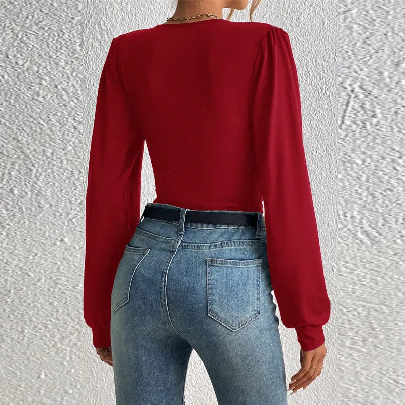 Women's Sexy Deep V Neck Long Sleeve Solid Blouse Slim Elegant