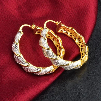 Gold Color Women Twisted Pattern Hoop Earrings