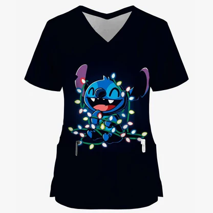 Women's Nurse Style Scrub Disney Stitch Print Short Sleeve T-Shirt V Neck Hospital Uniform