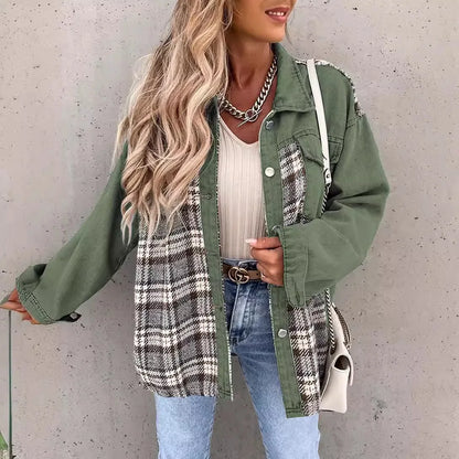 Women’s Long Sleeve Denim Jacket – Punk Plaid Print Button‑Up Irregular Shirt Jacket