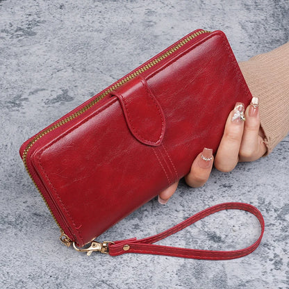 Hot selling cross-border oil wax zipper wallet for women, European and American retro card bag, large capacity mobile phone bag,