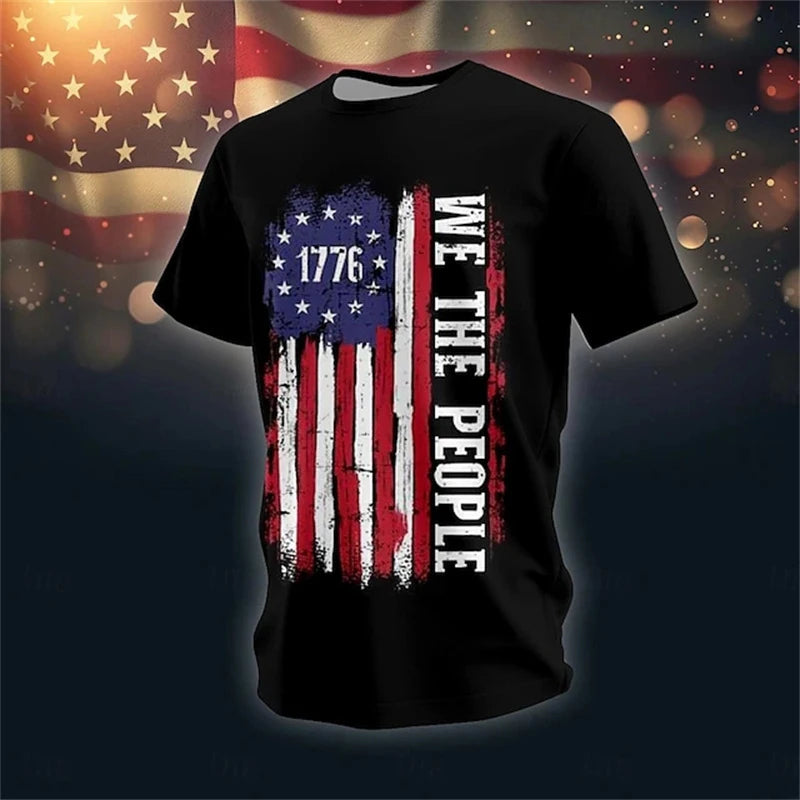 Men’s Retro Flag Skull T‑Shirt – 3D Print Short Sleeve Casual Summer Tee