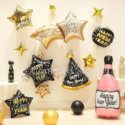 2026 New Year Foil Ballons Happy New Year Letter Banner Garland Party Decorations New Year Wine Bottle Star Round Photo Props