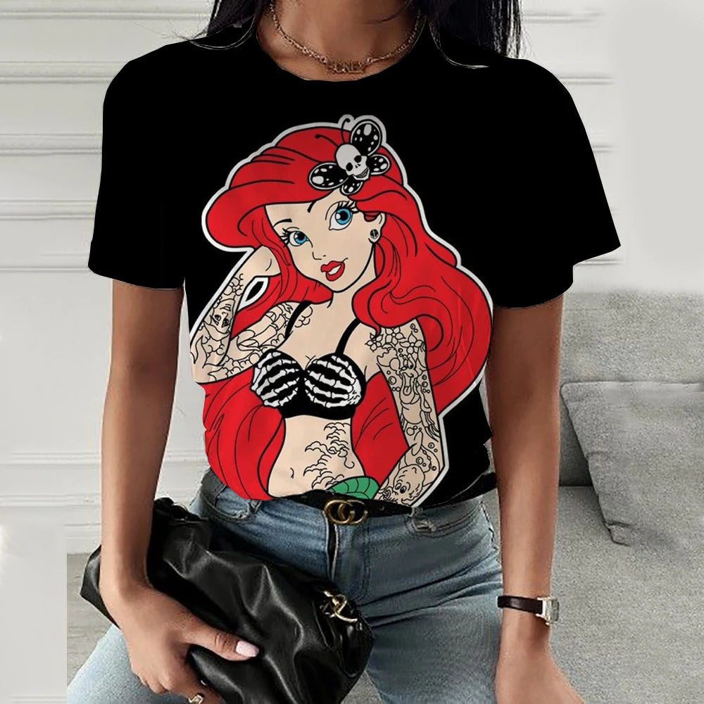 Disney Princess Cartoon Printed Women T-shirt  Short Sleeve Casual Round Neck