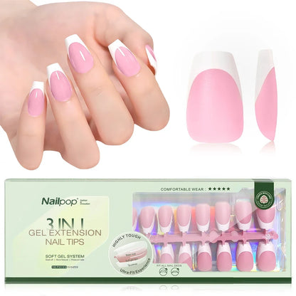 150PCS Short Coffin Press on Nails 3 in 1 Coat Soft Gel Nail Tips French Tip 15 Sizes