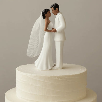 Anniversary & Wedding Couple Cake Topper – Elegant White/Black PVC Bride & Groom Figurines
