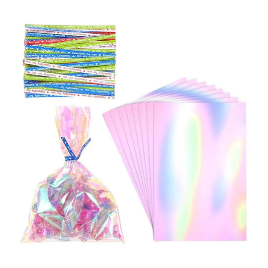 15/30/60pcs rainbow colored cellophane gift bag with tie, holographic cellophane gift bag for candy biscuits birthday gift