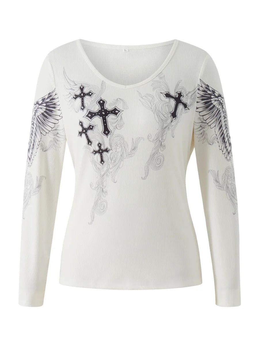 Graphic Long‑Sleeve Tee – Women’s Grunge Fairy Punk Harajuku 2000s Streetwear Top