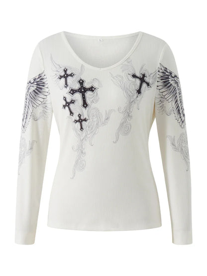 Graphic Long‑Sleeve Tee – Women’s Grunge Fairy Punk Harajuku 2000s Streetwear Top