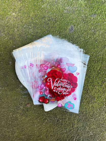 100pcs Red Rose Love Heart Balloon Pattern Gift Bag, Valentine's Day Cute Bear Printed Gift Decoration OPP Bag For Lovers Party