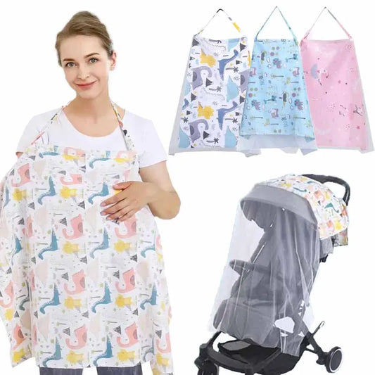 Woman holding a baby carrier with colorful designs, surrounded by baby products including a stroller cover and seat covers.