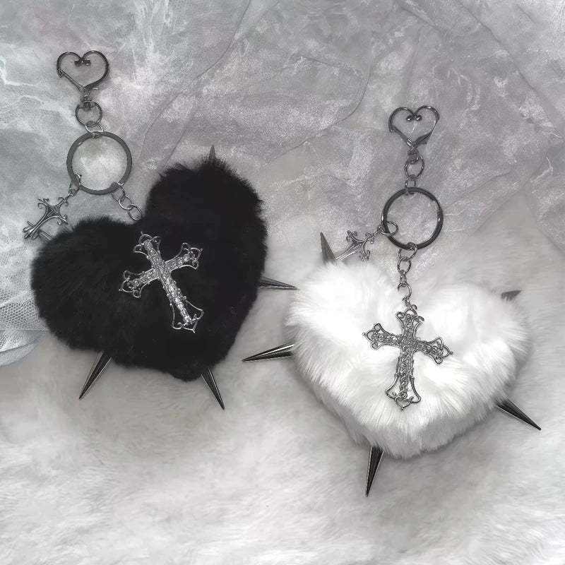 Punk Leopard Print Rivet Cross Keychain – Cool Grunge Rock Heart Bag Charm & Gothic Accessory