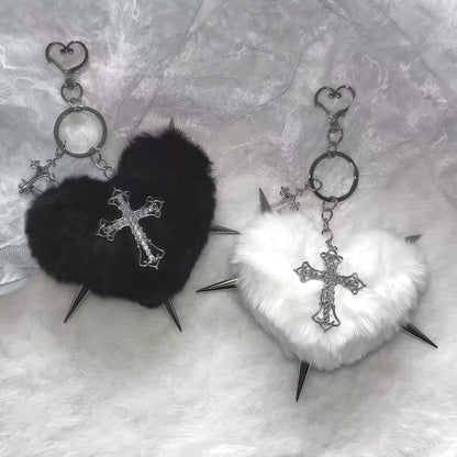 Punk Leopard Print Rivet Cross Keychain – Cool Grunge Rock Heart Bag Charm & Gothic Accessory