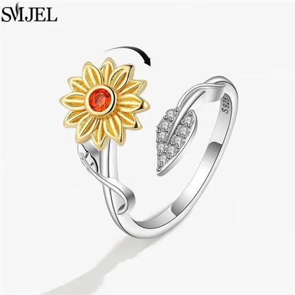 Korean Fashion Daisy Spinner Fidget Ring Multiple Style Sunflower Rose Snowflake Rotate Freely Anti Stress Anxiety Rings Wedding