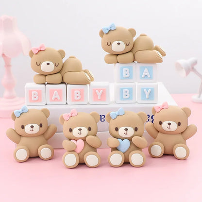 Cute Bear Ornament Cake Topper Pink Blue Cartoon Bear Soft Rubber Doll Boy Girl First Birthday Party Cake Decoration Baby Shower