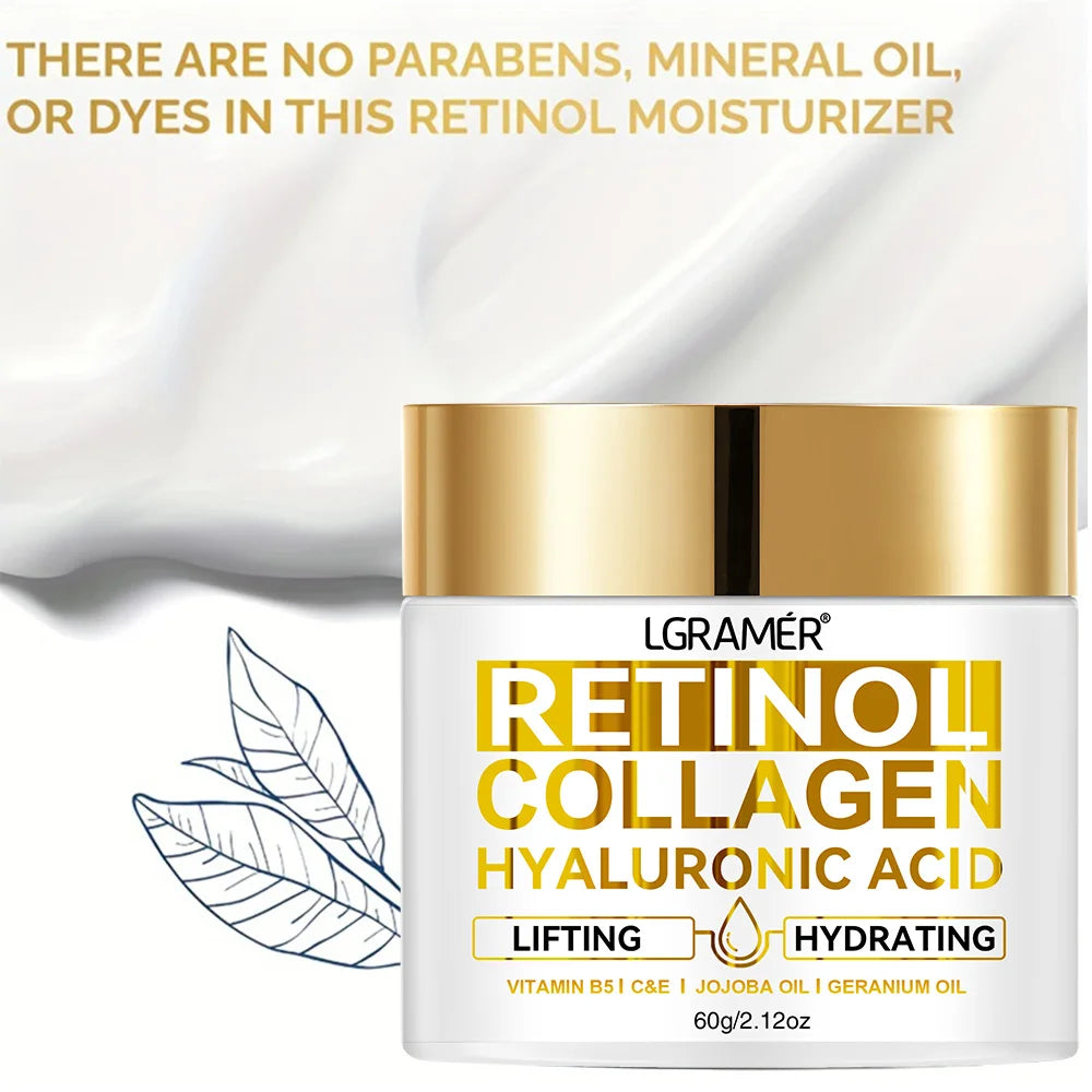 Retinol Anti-Aging Face Cream: Moisturizing wrinkle Remover with Collagen and Hyaluronic Acid, available in 30ML and 60ML.