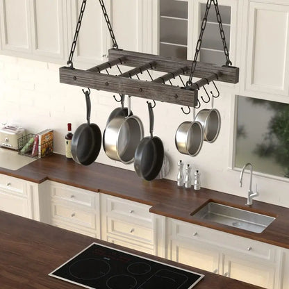 JACKCUBE DESIGN Hanging Pot Rack Pan Ceiling Wall Mounted Hanger Multi Purpose Rustic Wood and Metal Cookware Kitchen Storage Or