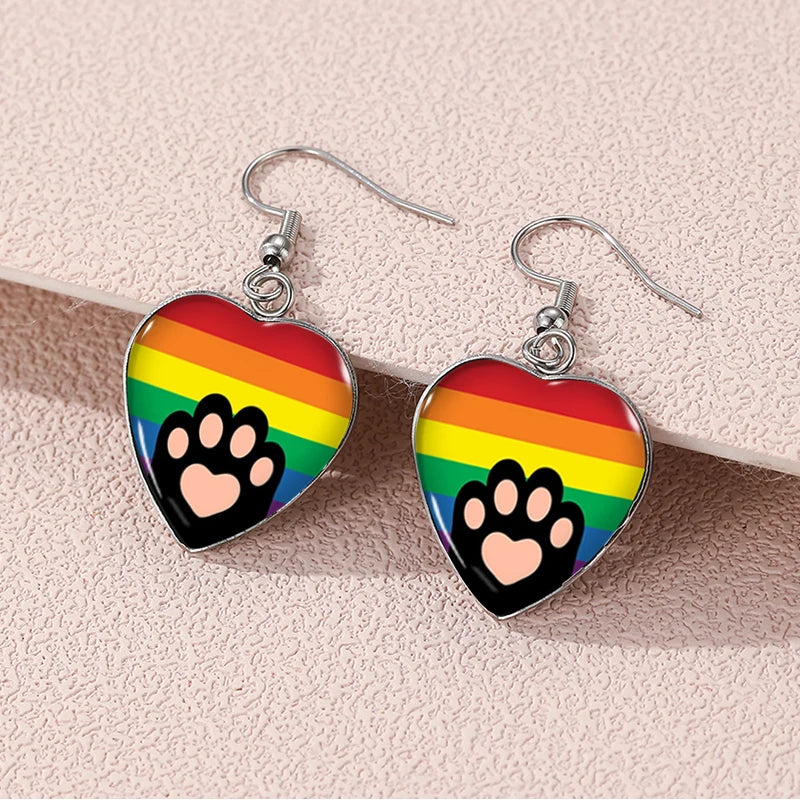 Pride Cat Paw Dangle Earring Heart Shaped Earrings Handmade Glass Dome Jewelry