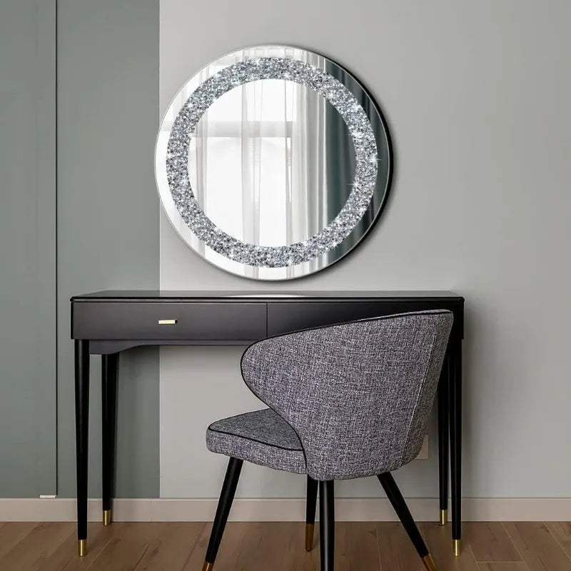 Crystal Crush Diamond Sparkly Round Silver Mirror for Wall Decoration 20x20x1 inch Wall Hang Frameless Bling Stylish Gorgeous Gl