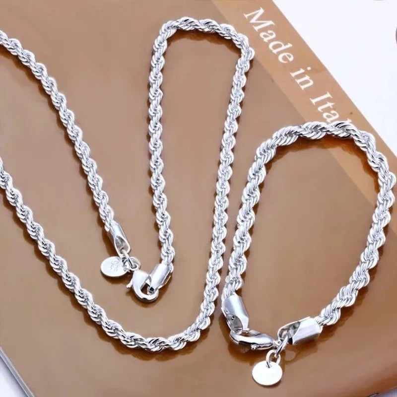 925 Sterling Silver Rope Chain Necklace – 4mm, 16–24in Unisex Fashion Jewelry