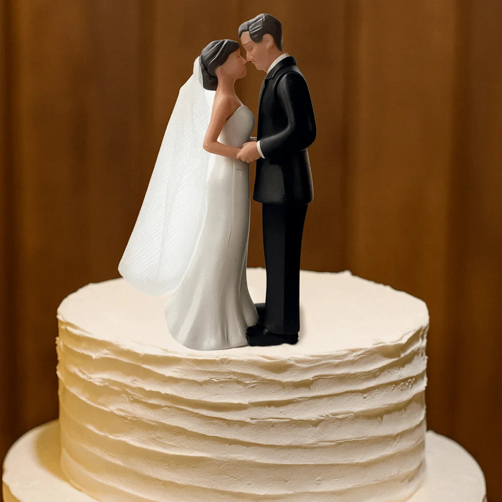 Anniversary & Wedding Couple Cake Topper – Elegant White/Black PVC Bride & Groom Figurines